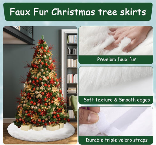 AOGU 48 Inch Faux Fur Christmas Tree Skirt White Plush Skirt for Merry Christmas Party Christmas Tree Decoration