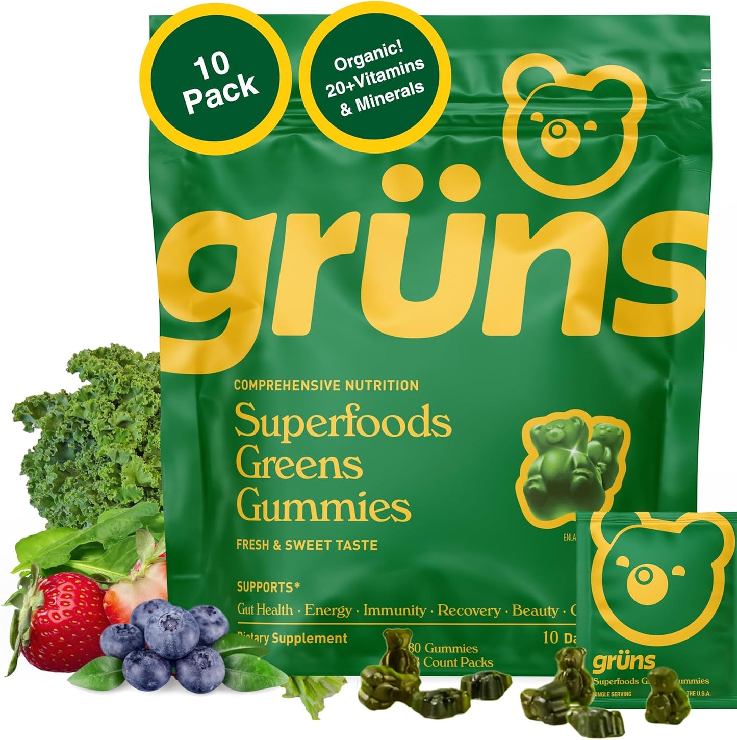 Gruns Sugar-Free Super Greens Gummies, 10 pack