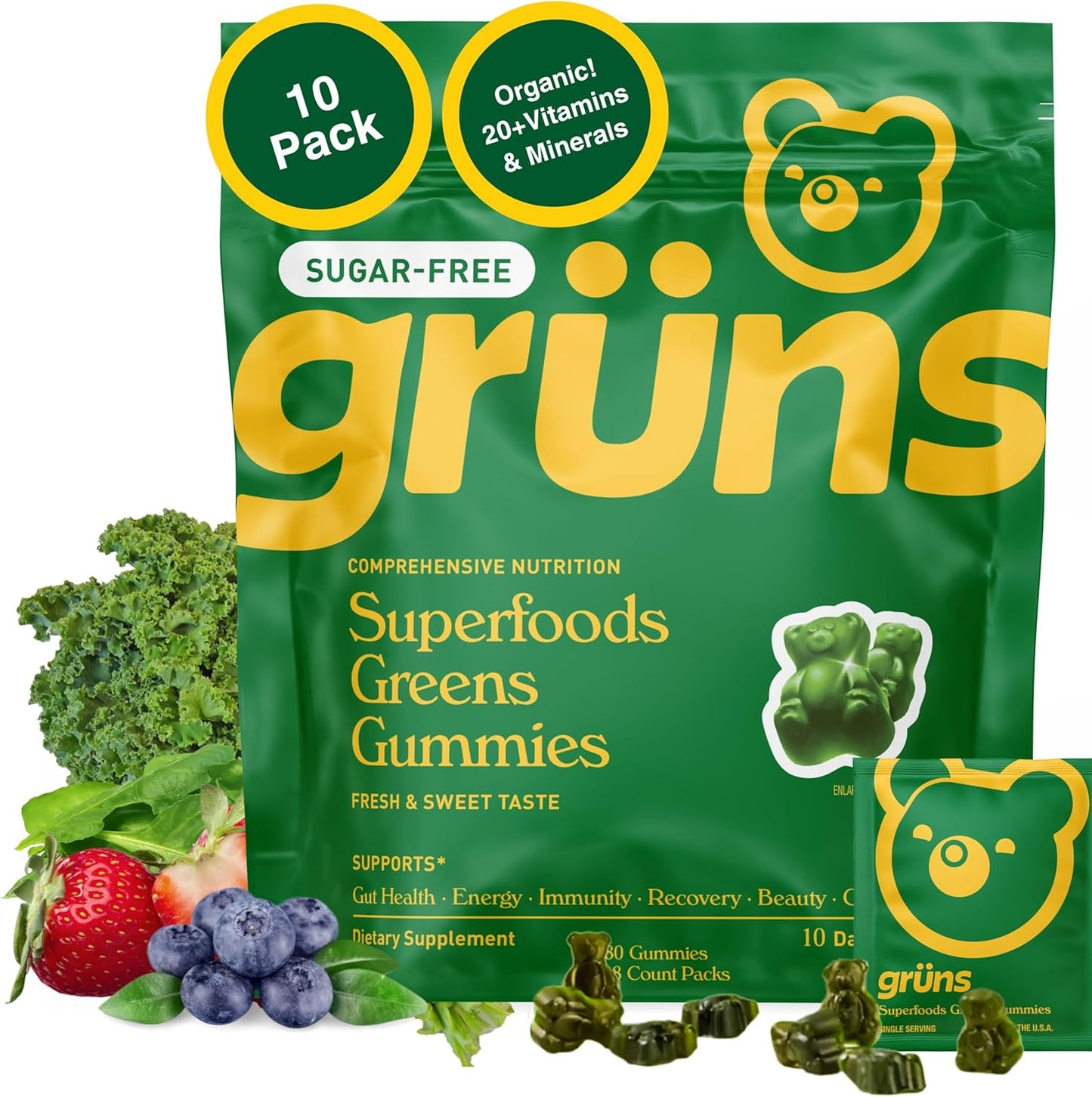 Gruns Sugar-Free Super Greens Gummies, 10 pack